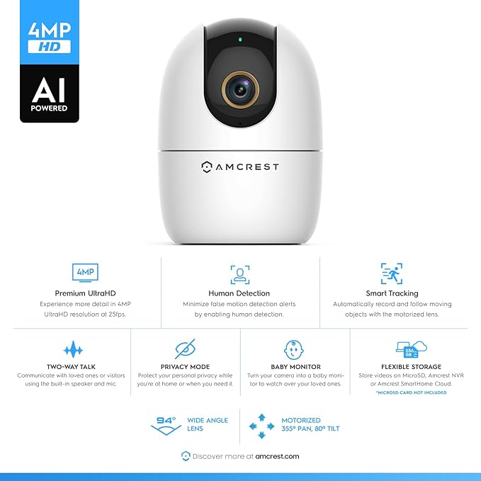Amcrest 4MP WiFi Camera Indoor Camera, Sound & Baby Monitor, Human & Pet Detection, Motion-Tracking, w/ 2-Way Audio, Phone App, Pan/Tilt Wireless IP, Night Vision, Smart Home ASH41-W