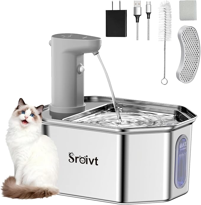 Cat Water Fountain Stainless Steel - cat Fountain - Water Fountains for Cats - pet Water Fountain - Dog Water Fountain - Stainless Steel cat Water Fountain Cordless - 88oz/2.6L,1Filters