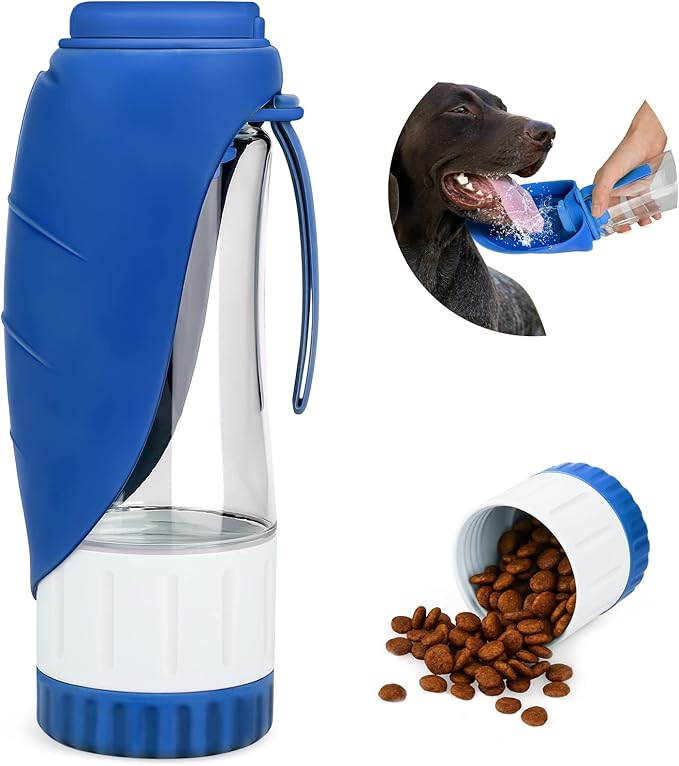 TIOVERY Upgraded Dog Water Bottle, Portable Dog Cat Puppy Pet Water Dispenser Feeder with Drinking Cup and Food Container Leak Proof for Outdoor Walking, Travel, Hiking 12OZ Blue