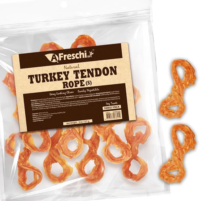 A Freschi srl Turkey Tendons for Dogs, USA-Sourced, Healthy Dog Treats, Rawhide-Free Puppy Chews, Long Lasting, All Natural, Hypoallergenic Dog Treats for Small Breeds, 8 oz Pack Rope (S)