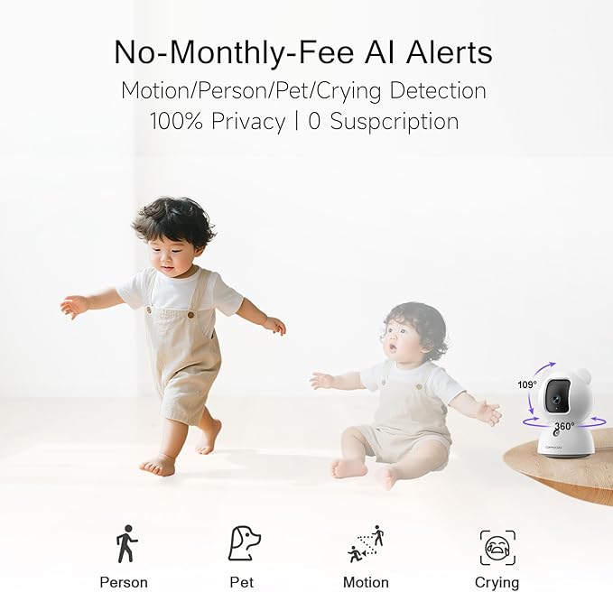 2.5K Indoor Camera 4pack, Non-Subscription AI Person/Pet/Cry Detection, 4MP Pet/Dog/Cat/Baby Camera w/Phone App, Pan Tilt WiFi Cameras for Home Security, Night Vision, Full Duplex Audio