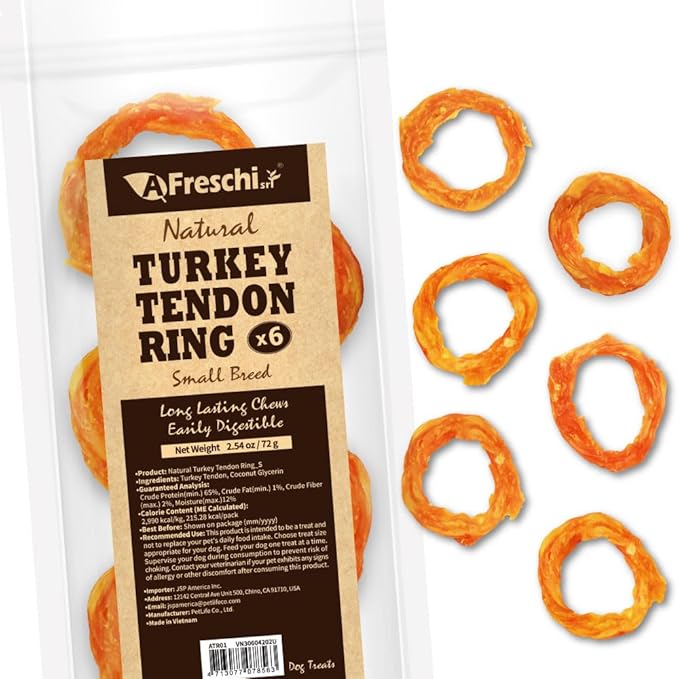 A Freschi srl Turkey Tendons for Dogs, USA-Sourced, Healthy Dog Treats, Rawhide-Free Puppy Chews, Long Lasting, All Natural, Hypoallergenic Dog Treats for Small Breeds, 6 Count Pack Ring (S)
