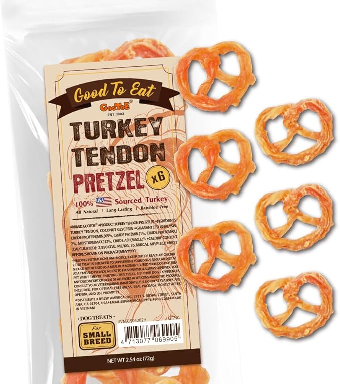 Gootoe Turkey Tendons for Dogs – All-Natural, Hypoallergenic Dog Treats, Rawhide Alternative, Long Lasting Puppy Chews, Healthy Dog Treats for Small Breeds, Pretzel (S), 6 Count Pack
