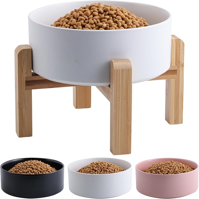 White Elevated Dog Bowl Ceramic for Small Medium Sized Breed,Raised Dog Food Water Bowl with Stand,6 in 3.6 Cups Non Slip Pet Dish Heavy Weighted