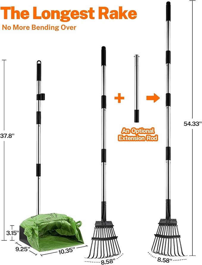 Toozey Dog Pooper Scooper, Extra Large Stainless Steel Tray Long 54" Handle, Easy Cleanup for All Dog Sizes, Includes 20 Bags