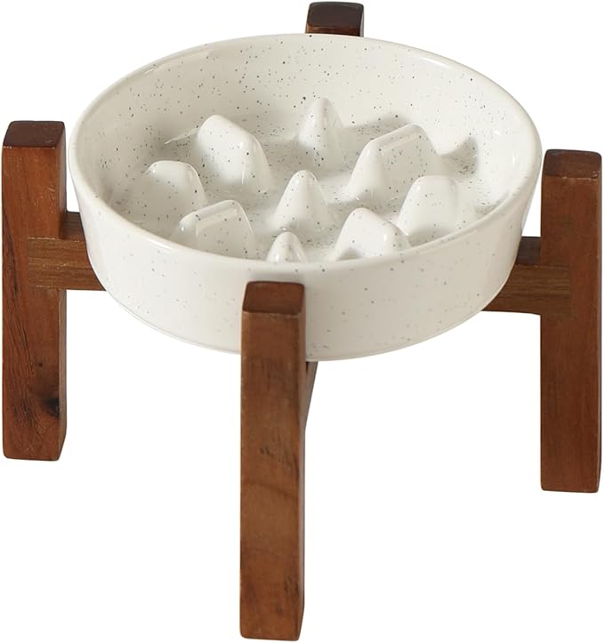 Ceramic 0.9 Cup Raised Slow Feeder Dog Bowl Set, Elevated Bowl with Acacia Wood Stand for Small Dog and Cat, 6.1inch Slow Dog Food Dish, Helps Stop Bloat(1 Bowl & Stand, Vanilla White)