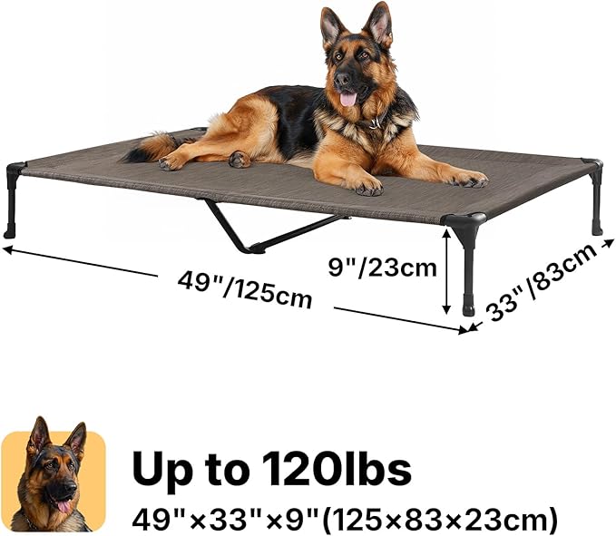 Veehoo Outdoor Elevated Dog Bed Large Sized Dogs, XL Cooling Raised Dog Cots Beds Training Platform Off Ground Hammock with Breathable Mesh, No-Slip Feet, 49"x33", Brown