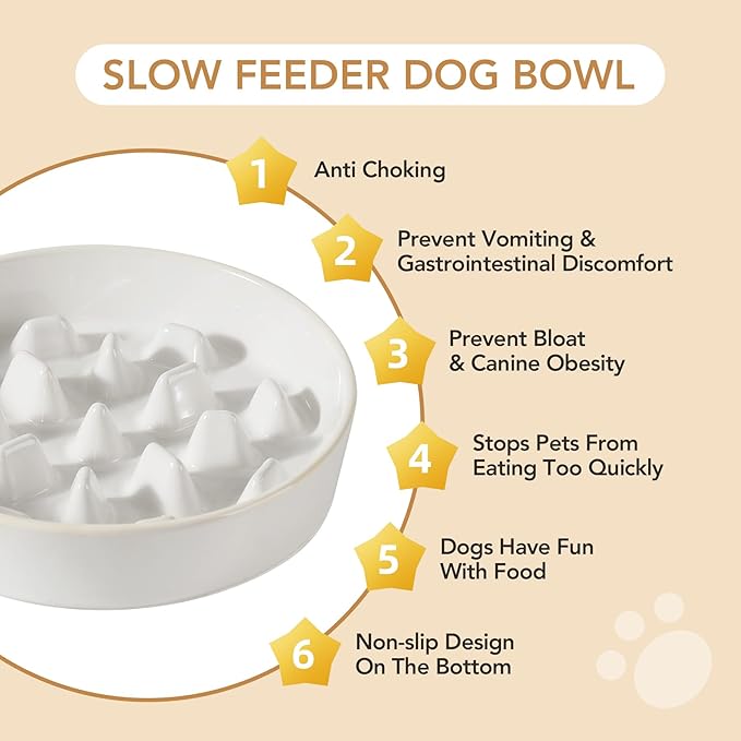 3.2 Cup Ceramic Dog Raised Slow Feeder Set, Elevated Bowl with Wooden Stand for Large Dog, 9.5inch Slow Feeder Dish for Fast Easters(1 Bowl & Stand, Reactived Glaze -White)