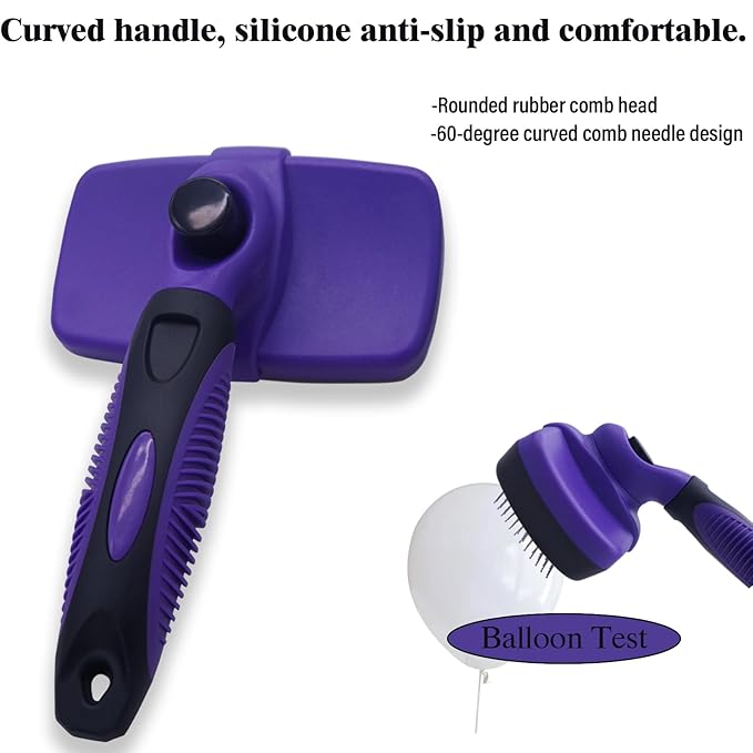 Self Cleaning Slicker Brush - Pet Hair Removal Tool for Long Short Hair grooming: Soft Rubber Tips Gentle on Sensitive Skin Cat Dog brush Specifically for Indoor pet hair removal glove (purple)