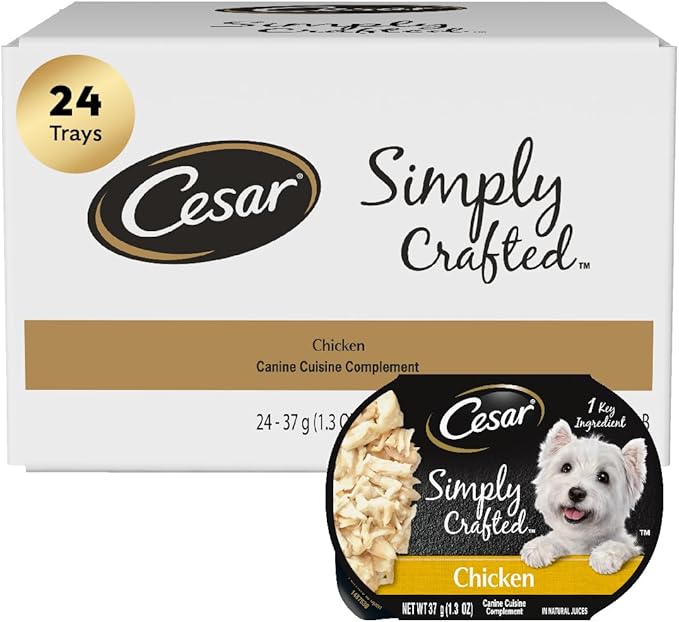 Cesar Simply Crafted Adult Wet Dog Food Toppers for Dry Food, Chicken, 1.3 oz Tubs, 24 Count