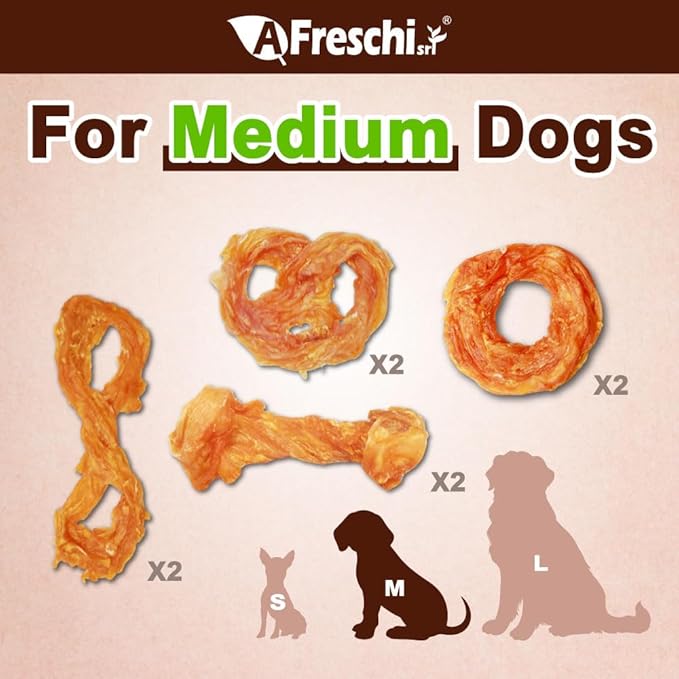 AFreschi Turkey Tendons for Dogs, USA-Sourced, Healthy Dog Treats, Rawhide-Free Puppy Chews, Long Lasting, All Natural, Hypoallergenic Dog Treats for Medium Breeds, 10 oz Pack Variety (M)
