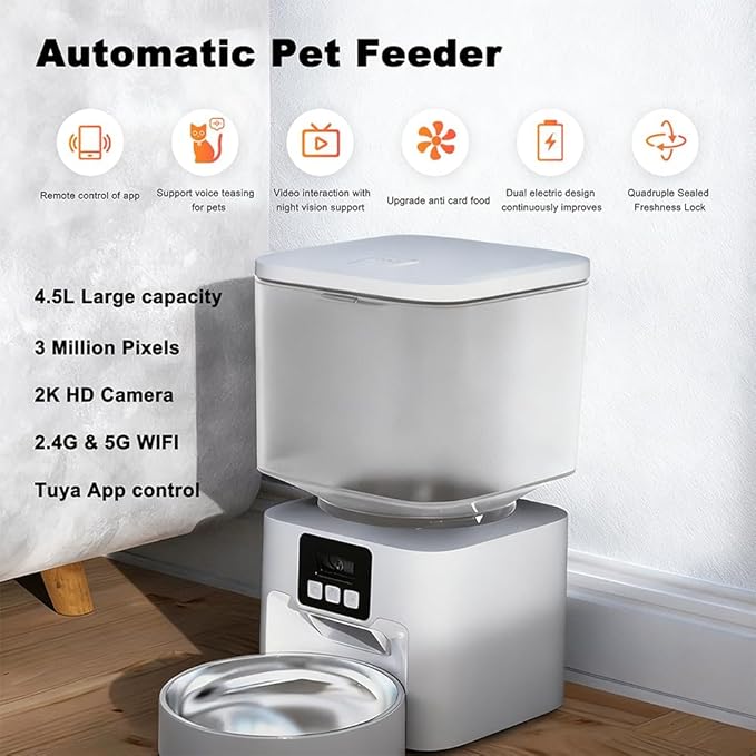 Smart Automatic Pet Feeder with 2K HD Camera & Night Vision, 4.5L Large Capacity, Anti-Jam System, Voice Recorder, Dual Power, App Control, Programmable Feeding for Cats/Dogs (White)