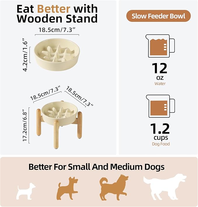 Ceramic 1.2 Cup Dog Raised Slow Feeder Set, Elevated Bowl with Wooden Stand for Medium and Small Dog, 7.3inch Slow Feeder Dish for Fast Easters (Beige, Single Bowl+ Stand)