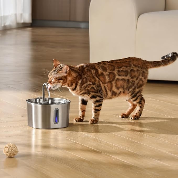Stainless Steel Cat Water Fountain Automatic Drinking Fountain, Quiet Circulating Water Bowl, Dishwasher Safe, Indoor Pet Fountain for Hydrated Healthy Cats (Stainless Steel, 2.2L Corded)