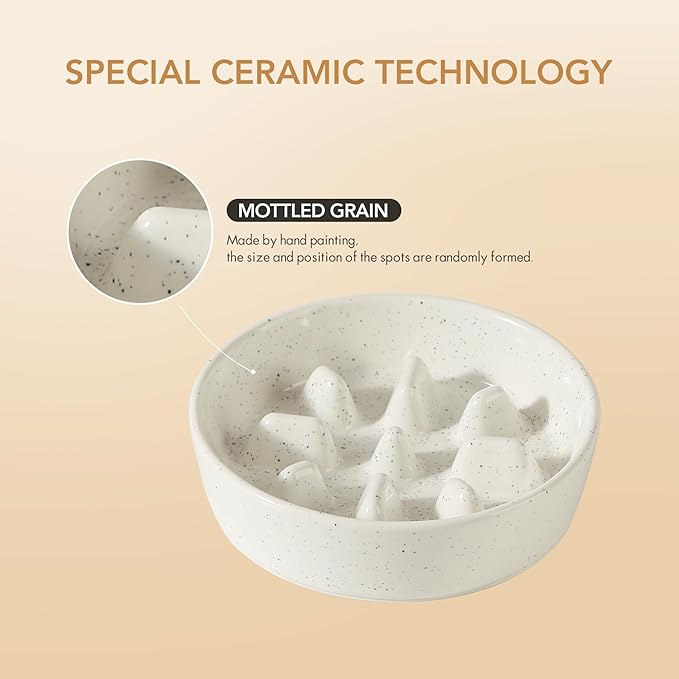 Ceramic 1.2 Cup Dog Raised Slow Feeder Set, Elevated Bowl with Wooden Stand for Medium and Small Dog, 7.3inch Slow Feeder Dish for Fast Easters(1 Bowl & Stand, Vanilla White)