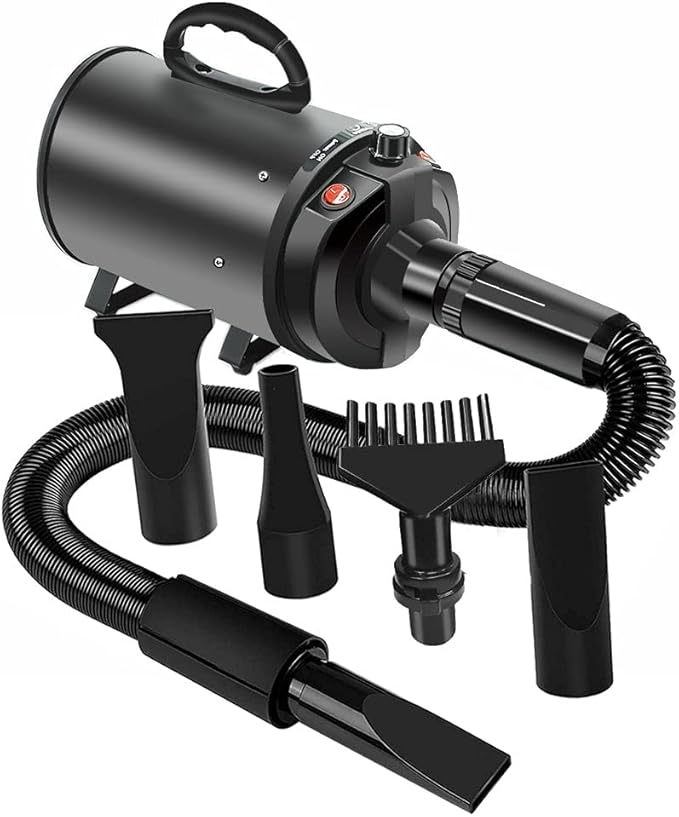 Dog Hair Dryer Quick Dry 2800W Noise Reduction Pet Hair Dryer Home Use Professional Stepless Adjustable Speed Spring Hose 4 Nozzles Dog Blow Dryer for Grooming with Heater