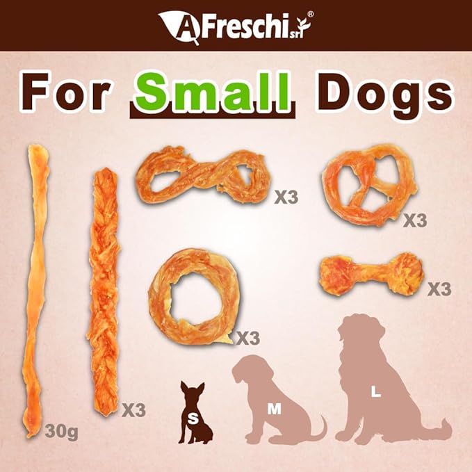 A Freschi srl Turkey Tendons for Dogs, USA-Sourced, Healthy Dog Treats, Rawhide-Free Puppy Chews, Long Lasting, All Natural, Hypoallergenic Dog Treats for Small Breeds, 8 oz Pack Variety (S)