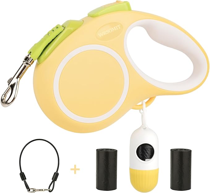 Upgraded Retractable Dog Leash with Chew Proof Cable and Poop Bag Dispenser, 16Ft Heavy Duty Dog Leash for Small Medium Large Dogs up to 120lbs, 360° No Tangle (Yellow)