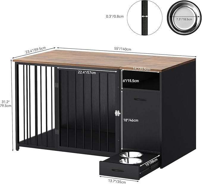 YITAHOME Dog Crate Furniture with Feeder Bowls, 55" Large Breed Dog Kennel with Storage Drawer, Heavy Duty Dog House TV Stand Indoor for Medium Dogs, Black