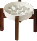 Ceramic 1.2 Cup Dog Raised Slow Feeder Set, Elevated Bowl with Wooden Stand for Medium and Small Dog, 7.3inch Slow Feeder Dish for Fast Easters(1 Bowl & Stand, Vanilla White)