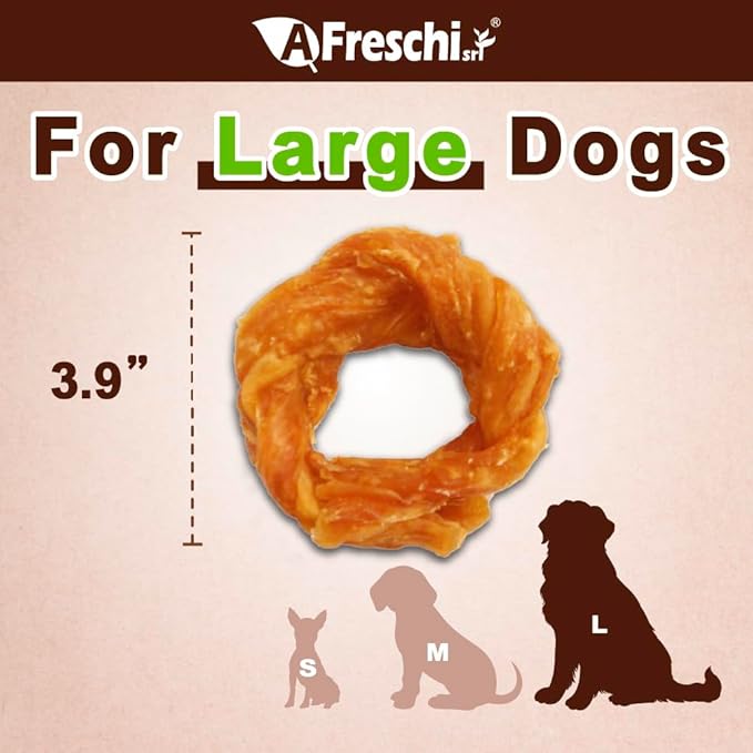 AFreschi Turkey Tendons for Dogs, USA-Sourced, Healthy Dog Treats, Rawhide-Free Puppy Chews, Long Lasting, All Natural, Hypoallergenic Dog Treats for Large Breeds, 10 oz Pack Ring (L)