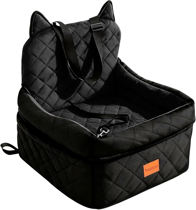 Dog Car Seat for Small/Medium Dogs Up to 35lbs,Elevated Cushion Fits in Front/Back Seat,Travel Safety Per Car Bed with Washable Removable Cover, Storage 2 Pockets Black
