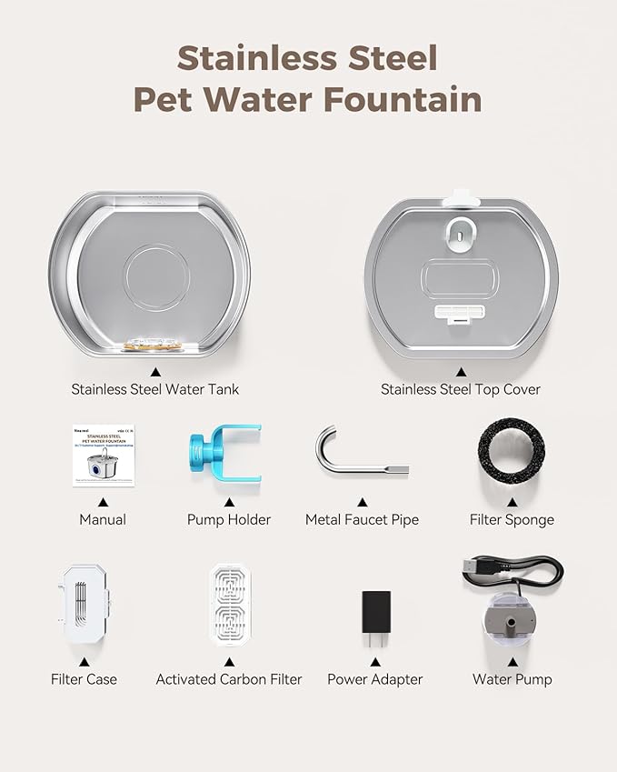 Cat Water Fountain Stainless Steel: 108oz/3.2L Cat Fountain for Drinking - Pet Water Fountain Inside - Automatic Dog Watering Dispenser Bowl - Pet Feeding & Watering Supplies - Water Level Window
