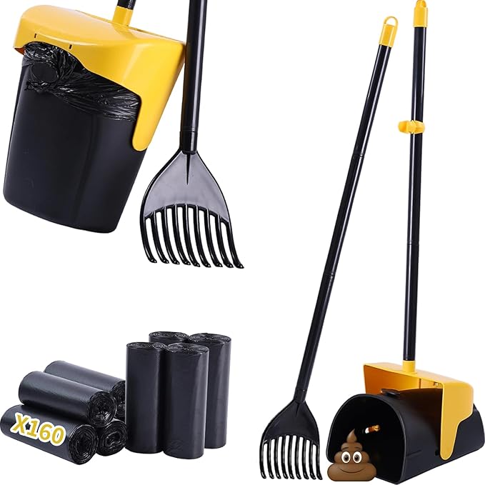 Pooper Scooper Large Swivel Bin & Rake with 160 Waste Bags,Heavy Duty Dog Pooper Scooper with Bag Attachment for Dogs, Long Handle Poop Scooper with Lid for Yard, Grass, Gravel(Yellow)