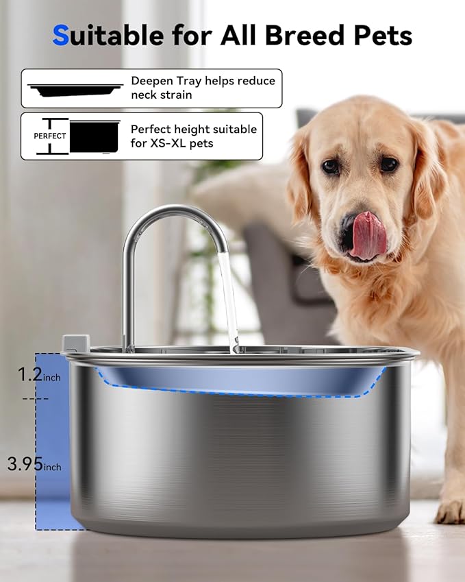 3.4Gal Dog Water Fountain for Large Dogs, 13L Stainless Steel Large Pet Fountain with Deeper & Wider Drinking Area, Automatic Dog Water Bowl Dispenser with Water Window (with 3 Filters)