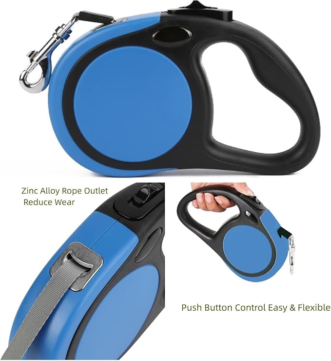 Dual Retractable Dog Leash Small Breed (Up to 44 Lbs Each) - Double Headed 16 ft Extendable Pet Leash with Poop Bags, Non Slip Grip - One Button Break & Lock, 360° Tangle-Free (Blue, Medium)