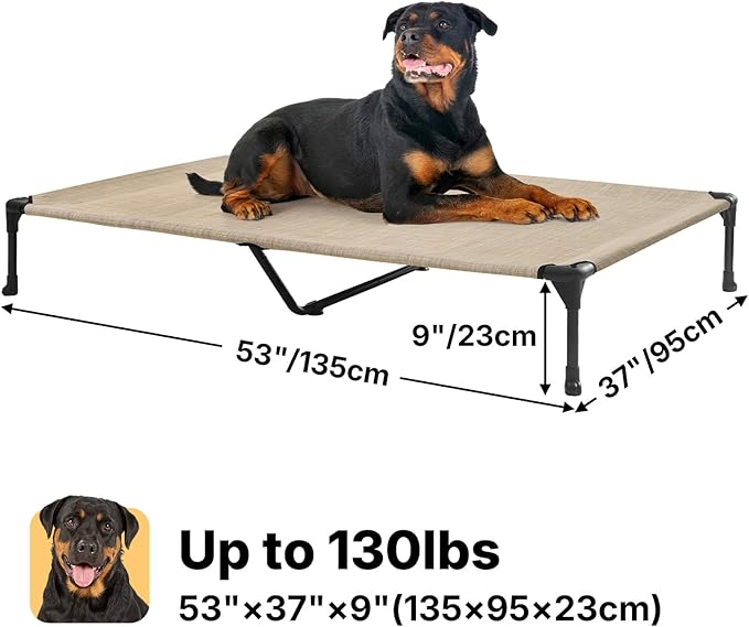 Veehoo Outdoor Elevated Dog Bed Large Sized Dogs, Extra Large Cooling Raised Dog Cots Beds Training Platform Off Ground Hammock with Breathable Mesh, No-Slip Feet, 53"x37", Beige Coffee