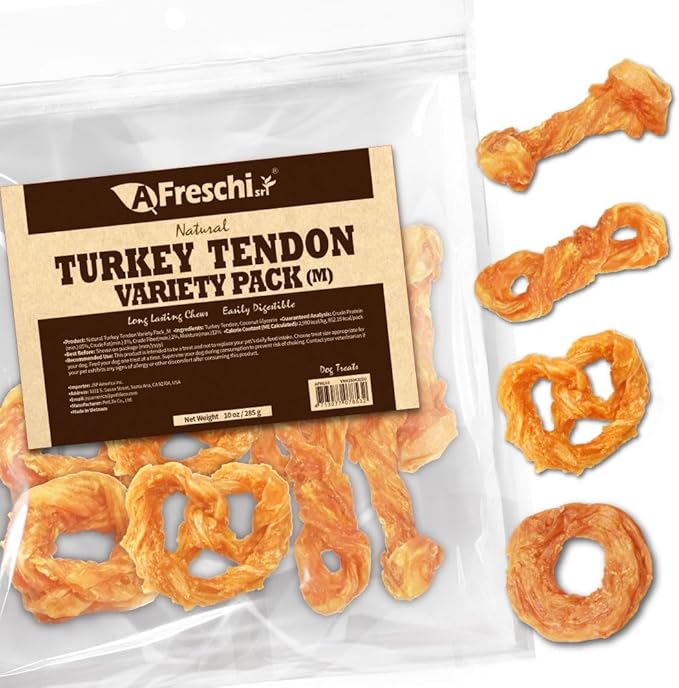 AFreschi Turkey Tendons for Dogs, USA-Sourced, Healthy Dog Treats, Rawhide-Free Puppy Chews, Long Lasting, All Natural, Hypoallergenic Dog Treats for Medium Breeds, 10 oz Pack Variety (M)