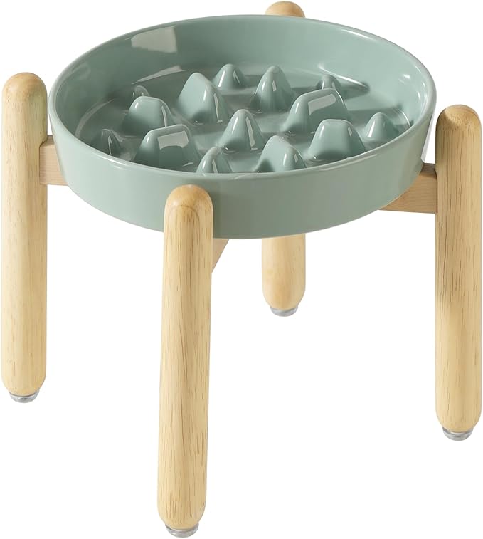 Ceramic 3.2 Cup Dog Raised Slow Feeder Set, Elevated Bowl with Wooden Stand for Large Dog, 9.5inch Slow Feeder Dish for Fast Easters, Anti-Gulping(Light Green, Single Bowl+ Stand)