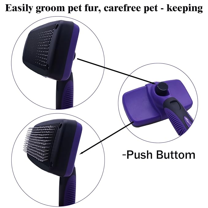 Self Cleaning Slicker Brush - Pet Hair Removal Tool for Long Short Hair grooming: Soft Rubber Tips Gentle on Sensitive Skin Cat Dog brush Specifically for Indoor pet hair removal glove (purple)