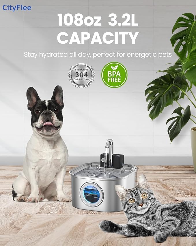 Wireless Cat Water Fountain Stainless Steel with Sensor 108oz 3.2L Battery Operated Cordless Automatic Water Dispenser Quiet Pump BPA-Free Automatic Cat for Drinking, Easy Clean for Cats Dogs Pets