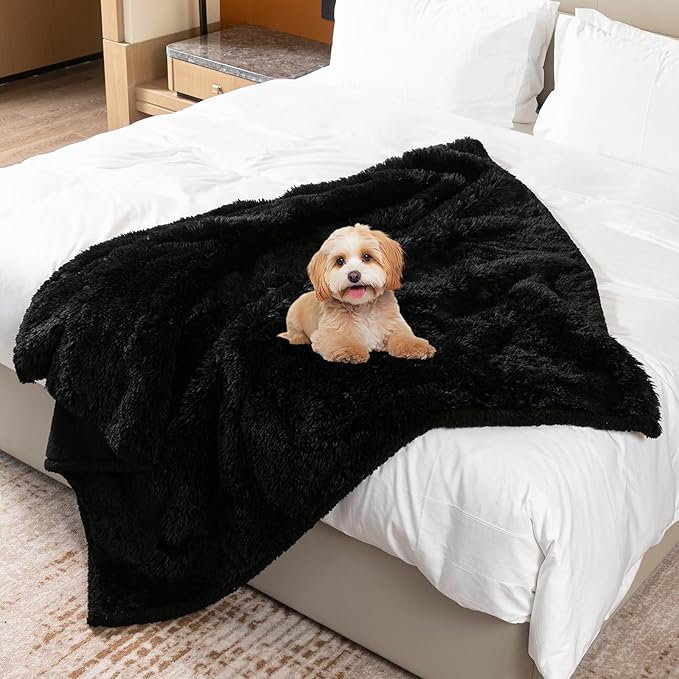 Waterproof Dog Blanket Black Calming Dogs Fluffy Long Faux Fur Pet Throw Blankets for Couch Protector Love Puppy Cat Bed Cover Washable(Black,XL-85x57in)