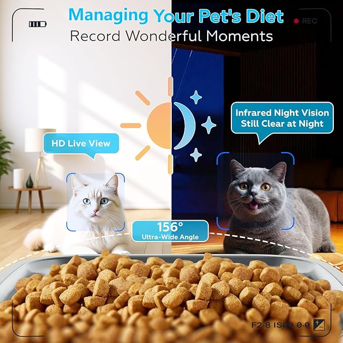 TYM Automatic Cat Feeder with Camera, 5G WiFi Auto Cat Dog Food Dispenser with APP Remote Control, 7L Large Food Storage for Multiple Pets, Scheduled Feeding, Stainless Steel Bowl, Easy Clean