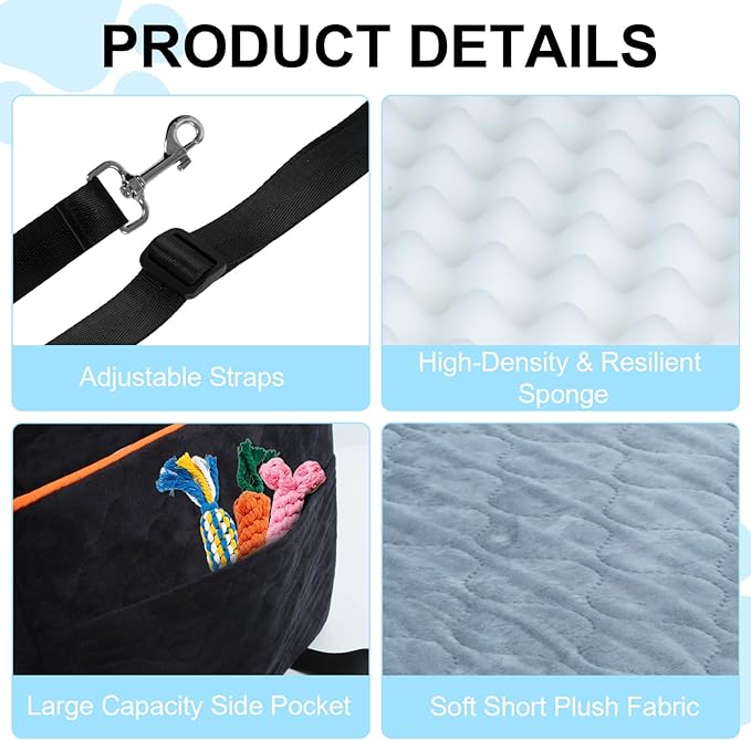 Dog Car Seat for Small/Medium Dogs Under 35lbs, Pet Booster Seat with 4In Memory Foam Cushion, Fully Detachable and Washable, Travel Dog Carseat with Storage Pocket and Safety Belt