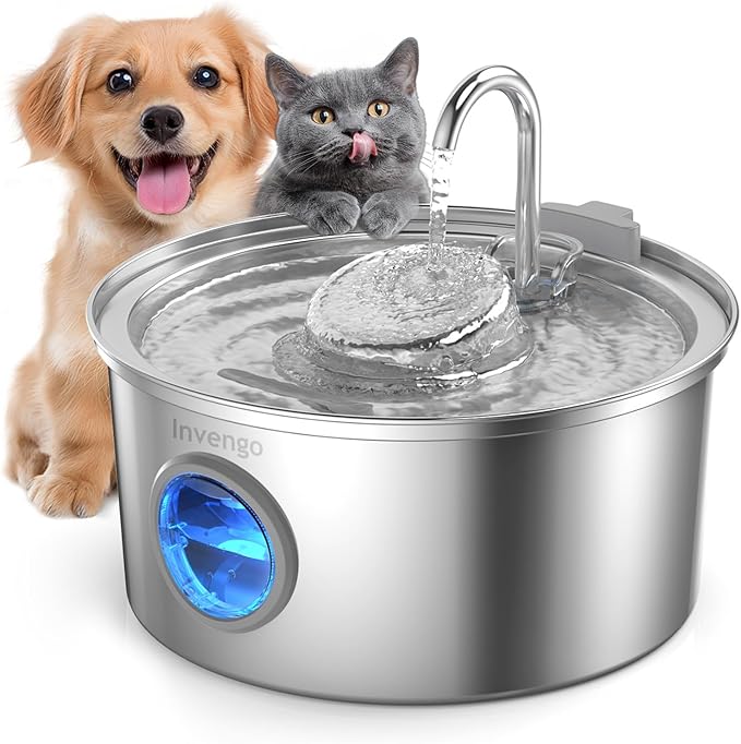 Cat Water Fountain Stainless Steel, 3.2L/108oz Pet Drinking Fountain for Cats Dogs, Automatic Cat Fountain with 2 Flow Modes, Splash-Proof Bowl