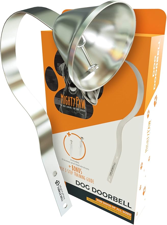 Mighty Paw Metal Dog Doorbell - Durable Bell Big Dog - Optimized Sound - Includes Doggy Doorbell Training Tips - Durable Sleek Silver Bell - Puppy Supplies - Pet Potty Training