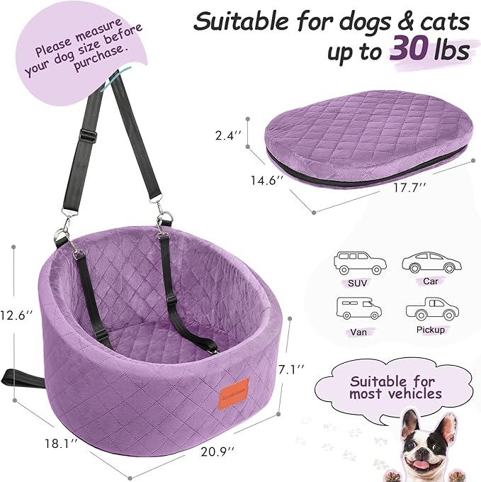 Dog Car Seat for Small Dogs Up to 30 Lbs,Ultra Soft Fabric Fill in Comfy Memory Foam,Happy Pet Ride,2 Safety Dog Leashes,Fully Detachable and Washable,Anti Slip Base(Purple)