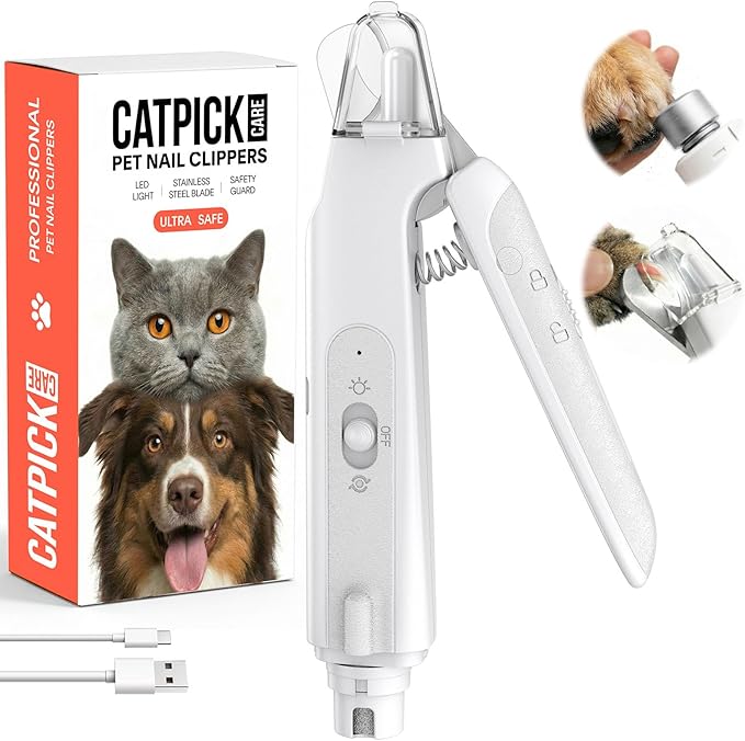 2-in-1 Dog & Cat Nail Clipper with Grinder - Dual Highlight LED Reduce Over-Trimming, Long Battery Cordless USB-C Rechargeable, Safety Lock & Catcher Cap, Quiet Home Grooming for Small Large Pets