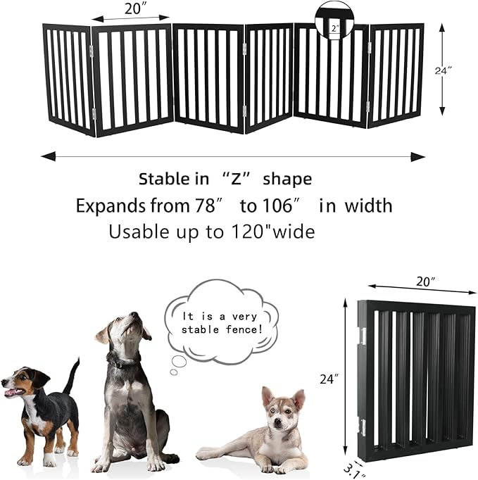 ZJSF Freestanding Indoor Dog Gate for House Foldable Wood Black Puppy Gate for Doorways Pet Gate for Stairs Extra Wide Pet Fence 24" Height 6 Panels
