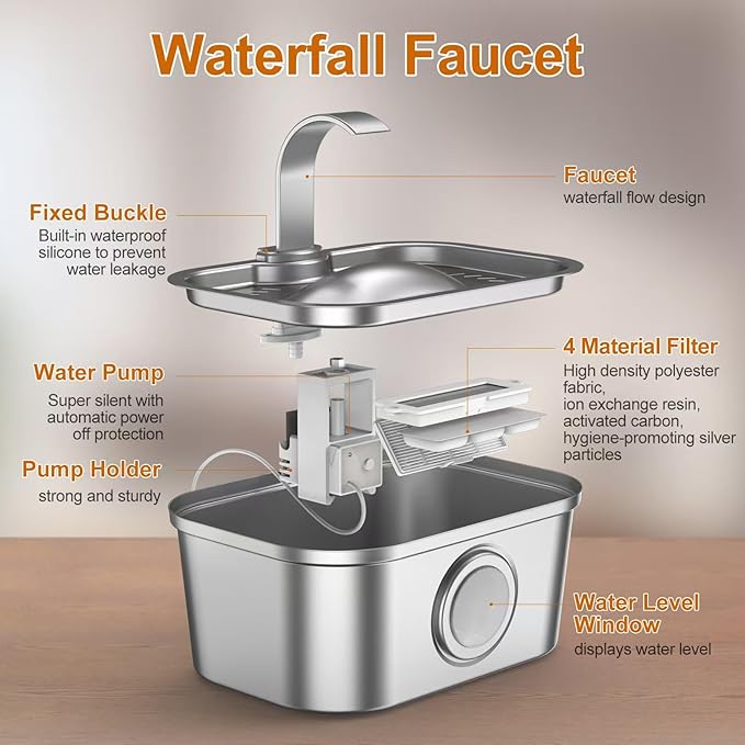 Bobo&Dragon Automatic Stainless Steel Cat Water Fountain for Cats & Dogs 124oz/3.5L - Quiet Water Dispenser Bowl with Pump, Fresh Filtered Hydration, Easy Clean, Leak-Proof Design for Indoor