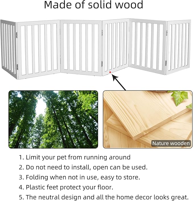 ZJSF Freestanding Indoor Dog Gate for House Foldable Wood White Puppy Gate for Doorways Pet Gate for Stairs Extra Wide Pet Fence 24" Height 6 Panels