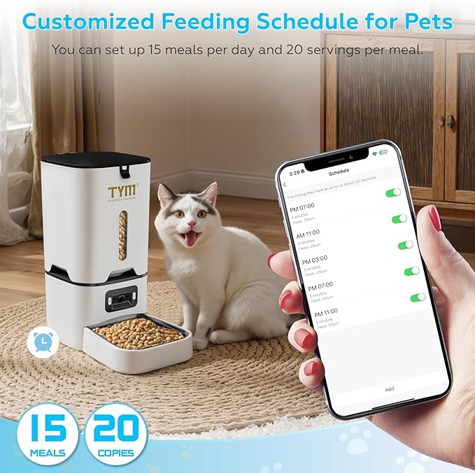 TYM Automatic Cat Feeder with Camera, 5G WiFi Auto Cat Dog Food Dispenser with APP Remote Control, 7L Large Food Storage for Multiple Pets, Scheduled Feeding, Stainless Steel Bowl, Easy Clean