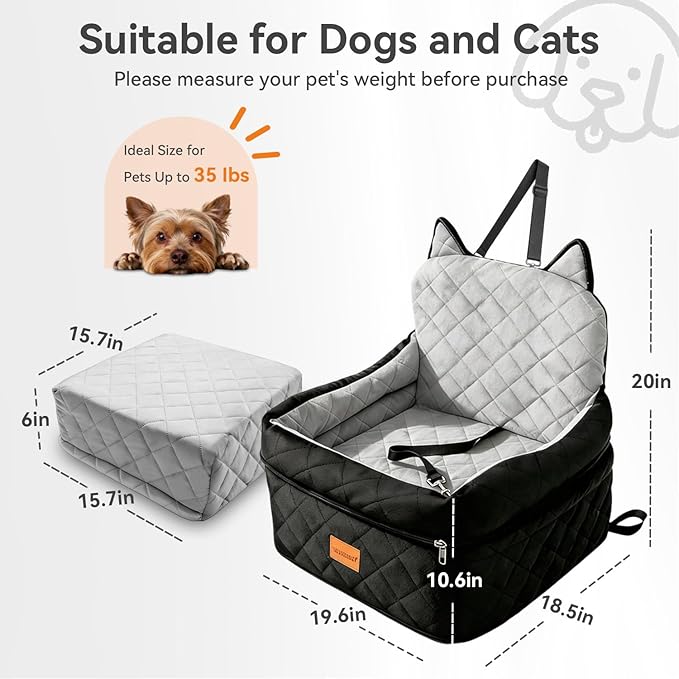 Dog Car Seat for Small/Medium Dogs Up to 35lbs,Elevated Cushion Fits in Front/Back Seat,Travel Safety Per Car Bed with Washable Removable Cover, Storage 2 Pockets Black-Grey