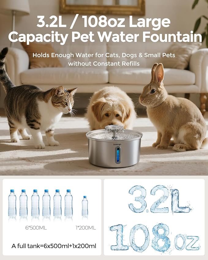 Cat Water Fountain Stainless Steel 3.2L/108oz, Invengo Automatic Pet Fountain for Cats & Dogs, Ultra Quiet <25 dB Pump, LED Water Level Window, Easy to Clean