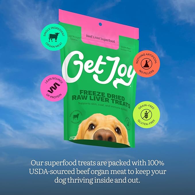 Get Joy Freeze Dried 100% Beef Liver Dog Treats, 16oz | Single Ingredient Organ Meat, High Protein Raw Dog Food Topper, Snack & Training Rewards | Grain Free, Gluten Free, Filler Free