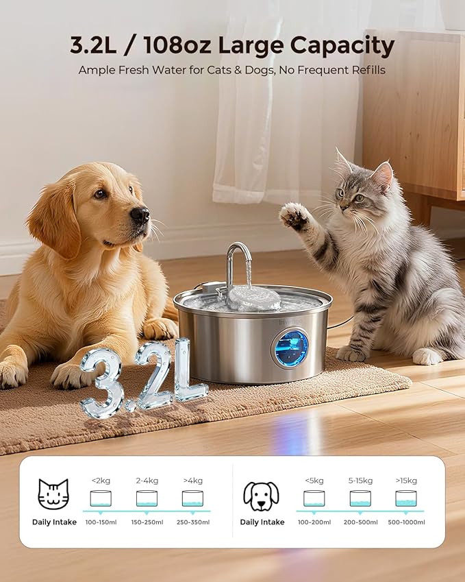 Cat Water Fountain Stainless Steel, 3.2L/108oz Pet Drinking Fountain for Cats Dogs, Automatic Cat Fountain with 2 Flow Modes, Splash-Proof Bowl